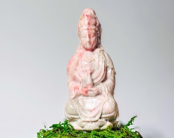 Guanyin Pink Opal Deity Stone Statue: Goddess of Mercy and Compassion