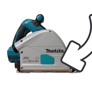 Könnte beinhalten: Eine graue und türkisfarbene Makita Akku-Kreissäge mit schwarzem Griff. Die Säge hat einen BL-Motor und ist mit 36V betrieben. Die Säge befindet sich auf einem weißen Hintergrund.