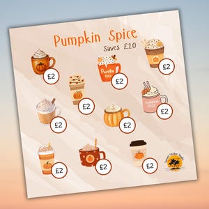 May include: A sticker sheet titled Pumpkin Spice featuring various illustrations of coffee mugs and cups with whipped cream, pumpkin designs, and cinnamon sticks. Each individual sticker is marked with a price of £2, and the sheet text reads Saves £20.