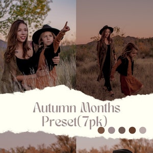 Puede incluir: Un paquete de ajustes preestablecidos digitales para editar fotos, que presenta cuatro imágenes de una madre y su hija en un entorno otoñal. El paquete de ajustes preestablecidos se llama "Autumn Months Preset (7pk)" e incluye siete ajustes preestablecidos diferentes.