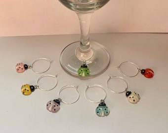 Purple Heart Ladybugs Flower Wine Charms Glass Marker For