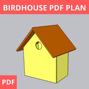 Könnte beinhalten: Ein einfaches, gelbes Vogelhaus mit einem braunen Dach und einem runden Eingangsloch. Das Vogelhaus ist ein PDF-Plan, d. h. es kann ausgedruckt und zum Bau eines echten Vogelhauses verwendet werden.