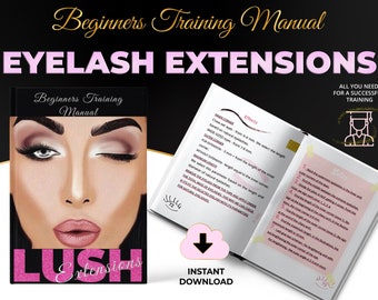 May include: A training manual for eyelash extensions, featuring a stylized illustration of a woman's face with dramatic eye makeup. The cover reads "Beginners Training Manual" and "Lush Extensions". The open book displays notes and diagrams.