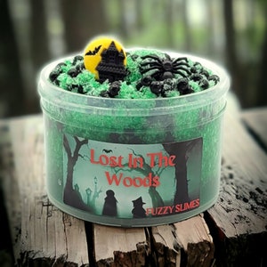 May include: A green slime with black beads and a spider charm in a clear plastic container. The container has a label that says "Lost in the Woods" and "Fuzzy Slimes".
