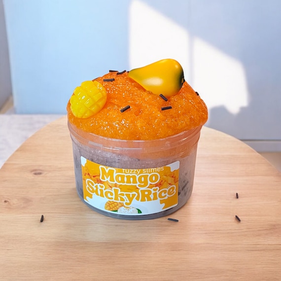 mango sticky rice soft snow slime, fuzzy slimes, mango scent