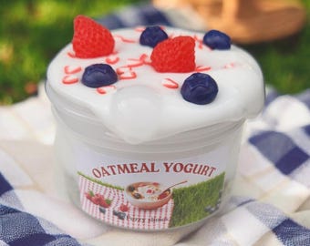 Oatmeal yogurt thick and glossy slime scented Oatmeal milk and honey with a hint of strawberry