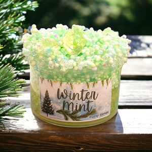 May include: A clear jar filled with green slime with white and iridescent beads. The jar has a label that says "Winter Mint" and "Fuzzy Slimes".