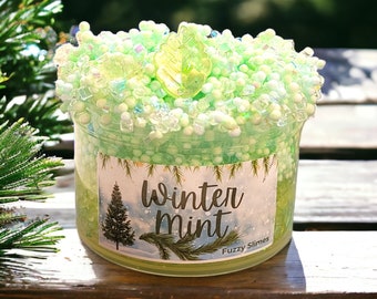 May include: A clear jar filled with green slime with white and iridescent beads. The jar has a label that says "Winter Mint" and "Fuzzy Slimes".