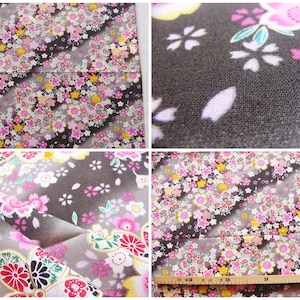 Tela japonesa cupón 55x49cm sakura flor negro dorado 83 [MANKAI]