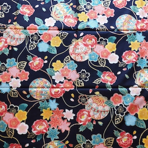 Tela japonesa cupón 55x49cm globo flor oro negro 96 [TEMARI]