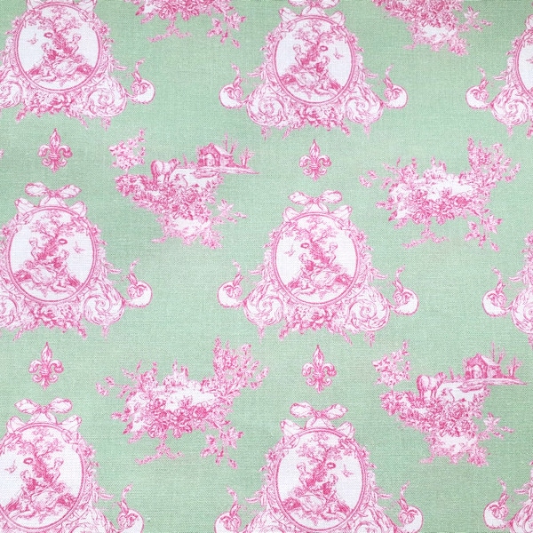 coupon 72x50 tissu Toile de Jouy Temps des secrets (rose fd vert)