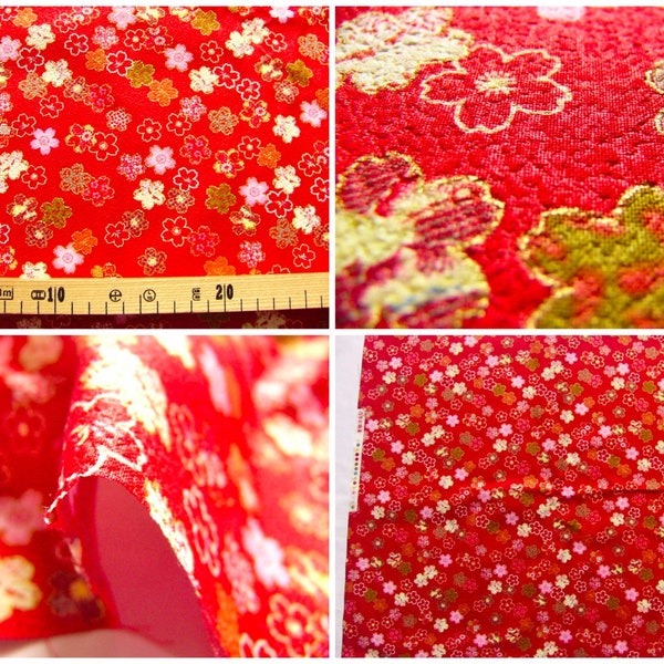 coupon tissu crêpe Chirimen Japonais 55x49cm sakura fleur rouge 30 [C-KOZAKURA]