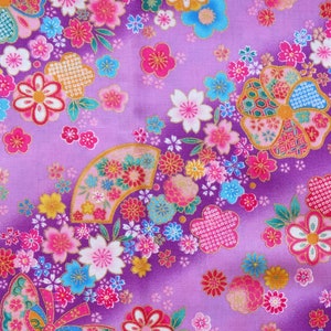 Tela japonesa cupón 55x49cm flor violeta dorado mariposa balon 98 [KINSAI]