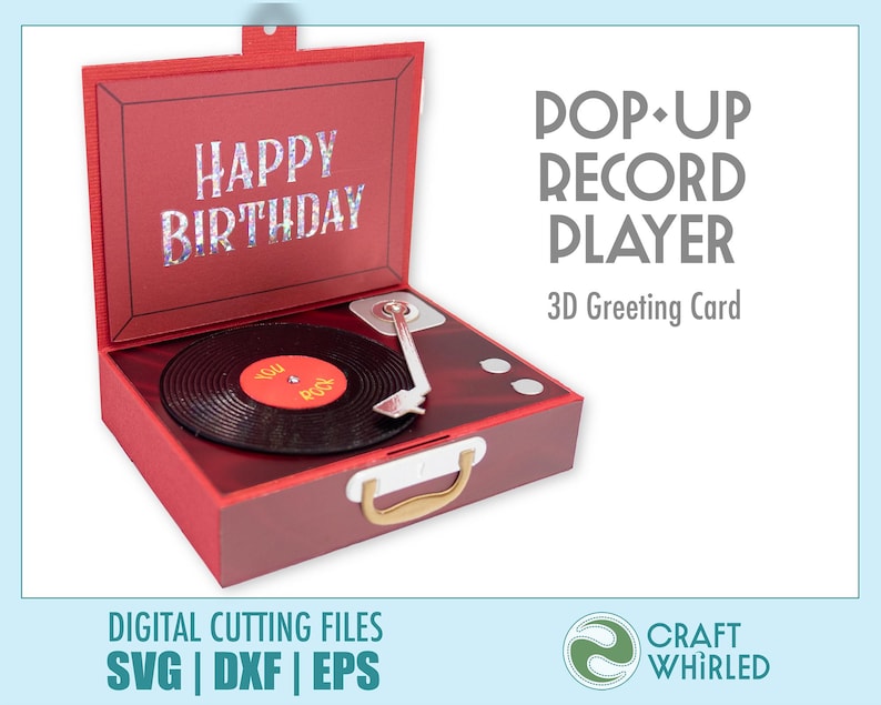 Puede incluir: Una tarjeta de felicitaci&oacute;n 3D emergente de tocadiscos rojo con las palabras "Happy Birthday" en el interior. La tarjeta presenta un disco de vinilo negro con una etiqueta roja y un brazo plateado. Tambi&eacute;n es visible el texto "POP-UP RECORD PLAYER 3D Greeting Card".