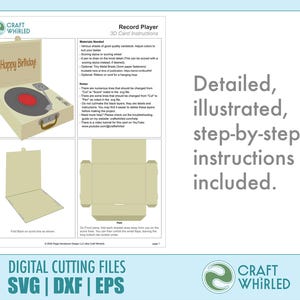 Puede incluir: Archivos de corte digital para una tarjeta de tocadiscos 3D. La imagen muestra un tocadiscos beige con un disco rojo y las palabras "Happy Birthday". Se incluyen instrucciones detalladas, ilustradas y paso a paso. Los archivos est&aacute;n disponibles en SVG, DXF y EPS.