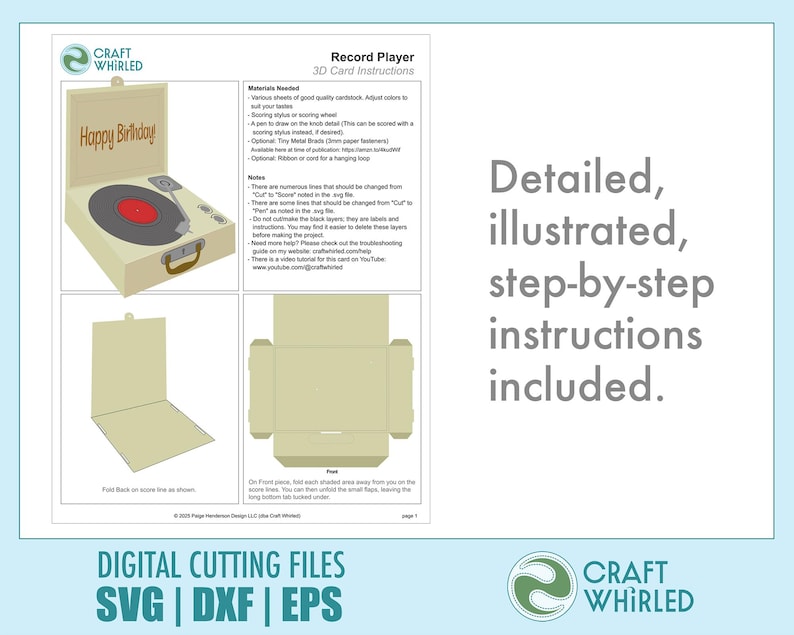 Puede incluir: Archivos de corte digital para una tarjeta de tocadiscos 3D. La imagen muestra un tocadiscos beige con un disco rojo y las palabras "Happy Birthday". Se incluyen instrucciones detalladas, ilustradas y paso a paso. Los archivos est&aacute;n disponibles en SVG, DXF y EPS.