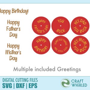 Puede incluir: Archivos de corte digital con varios saludos. La imagen presenta dise&ntilde;os circulares rojos con frases como "Happy Father's Day" y "You Rock." El texto incluye "Happy Birthday!" y "Happy Mother's Day."
