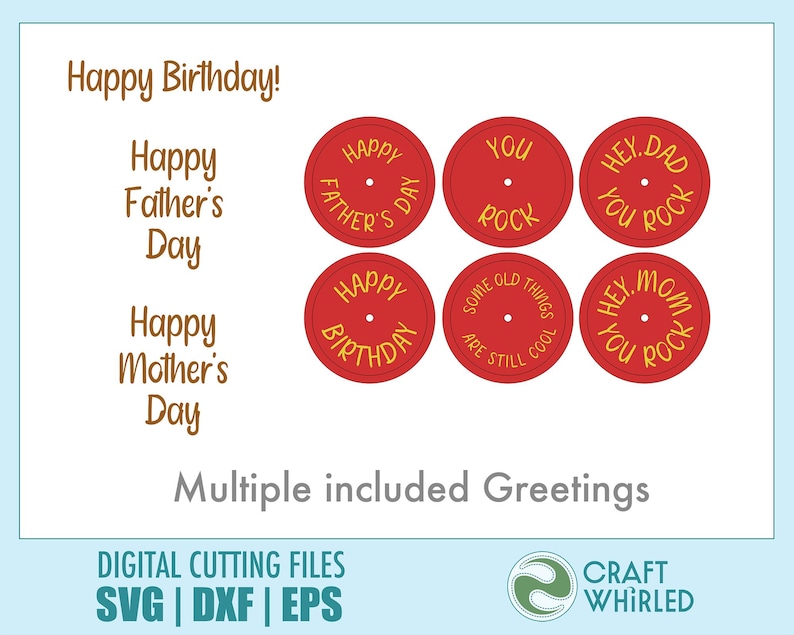 Puede incluir: Archivos de corte digital con varios saludos. La imagen presenta dise&ntilde;os circulares rojos con frases como "Happy Father's Day" y "You Rock." El texto incluye "Happy Birthday!" y "Happy Mother's Day."