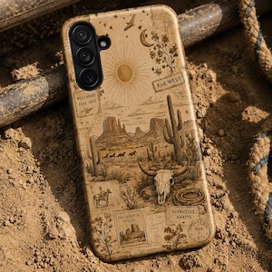 Può includere: Una custodia per smartphone color marrone chiaro con un'illustrazione dettagliata di un paesaggio desertico con sole, luna, stelle, cactus, un teschio di bue, una corda arrotolata e un cavaliere. Il testo include FAR WEST, WILD HEART FREE SOUT, THE DESERT IS CALLING e AUVANTURE AWAITS.