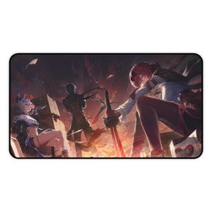 May include: Rectangular mouse mat with an anime-style illustration. The image shows three figures in a fiery battle scene, with a palette of reds, blacks, and whites. The mouse mat has a black border, and the artwork is highly detailed.