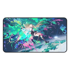 May include: A rectangular mousepad featuring a vibrant anime-style illustration. The artwork depicts a female character with long blonde hair, dressed in a white and black outfit, set against a backdrop of swirling blues, greens, and pinks, with a futuristic aesthetic.