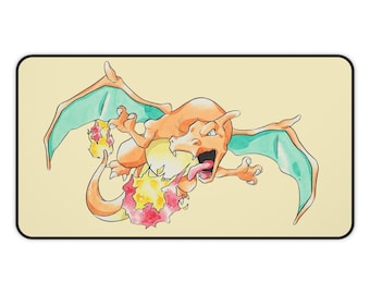 Char zard Desk Mat | Vintage Watercolor Poke Pocket Monster Mousepad | Retro 90s Anime PC Decor | XXL Keyboard Playmat