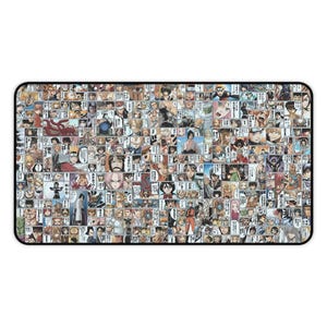 Puede incluir: Alfombrilla de ratón rectangular con un collage de paneles de manga. El diseño es un mosaico de ilustraciones coloridas con bocadillos y retratos de personajes. La alfombrilla tiene un borde negro.