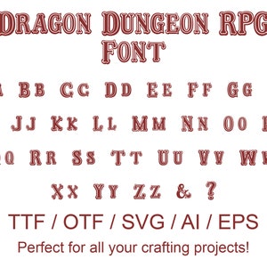 May include: An alphabet font in red with a double outline, featuring uppercase letters, numbers, and symbols. The text "DRAGON DUNGEON RPG FONT" is at the top of the image. The text "TTF/OTF/SVG/AI/EPS" is at the bottom of the image. The text "Perfect for all your crafting projects!" is at the bottom of the image.