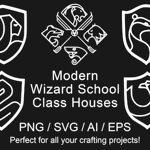 May include: Five black and white shield-shaped logos with different animal symbols. The logos are for a modern wizard school with the text "Modern Wizard School Class Houses" and "PNG/SVG/AI/EPS Perfect for all your crafting projects!"