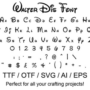 以下が含まれることがあります： ディズニーのロゴで使用されているフォントに似ている、スタイリッシュなフォントで書かれたアルファベットと数字の白黒画像。画像の上部に「WALTER DIS FONT」というテキストがあります。画像の下部に「TTF/OTF/SVG/AI/EPS」というテキストがあります。フォントの下に「クラフトプロジェクトに最適！」というテキストがあります。