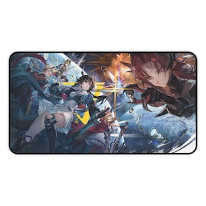 May include: A rectangular mousepad featuring a vibrant anime-style illustration. The artwork depicts several characters in dynamic poses, with a color palette of blues, reds, and yellows. The design includes detailed figures and a cosmic background.