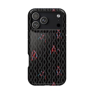 May include: Black phone case with a repeating pattern of gray interlocking loops. The case features a triple-lens camera system. Scattered throughout the design are abstract shapes in red and blue.