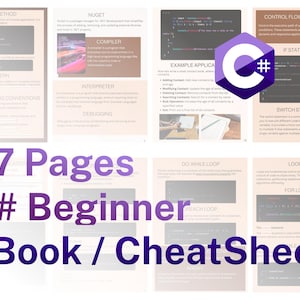 May include: A 27-page C# Beginner eBook/CheatSheet. The image displays pages with code examples, programming concepts, and the C# logo. Topics include control flow, loops, and common naming conventions.
