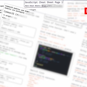 May include: A black and white PDF document with the title "JavaScript Cheat Sheet Page 1". The document contains information about JavaScript variables, loops, and modules. The text "More Cheat Sheets: https://et" is visible at the top of the page.