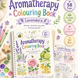 Puede incluir: Libro para colorear de aromaterapia para ni&ntilde;os, con ilustraciones de lavanda, manzanilla, rosa, bergamota e ylang-ylang. Incluye un PDF imprimible y est&aacute; dise&ntilde;ado para ni&ntilde;os de 5 a&ntilde;os en adelante. El t&iacute;tulo es "Kids Aromatherapy Colouring Book".
