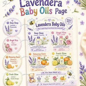 Puede incluir: Una p&aacute;gina ilustrada titulada "Lavendera Baby Oils" presenta cuatro mezclas de aceites para beb&eacute;s: Deep Sleep, Angel Kiss, Relaxing Oasis y Fresh Glow. Cada mezcla se representa con ilustraciones de sus ingredientes clave, como lavanda, manzanilla, rosa, mandarina, lim&oacute;n y naranja.
