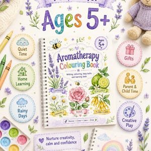 Puede incluir: Libro para colorear de aromaterapia para mayores de 5 a&ntilde;os con ilustraciones de flores y aceites esenciales. Incluye texto que dice "Quiet Time", "Home Learning", "Rainy Days", "Gifts", "Parent & Child Time" y "Creative Play".