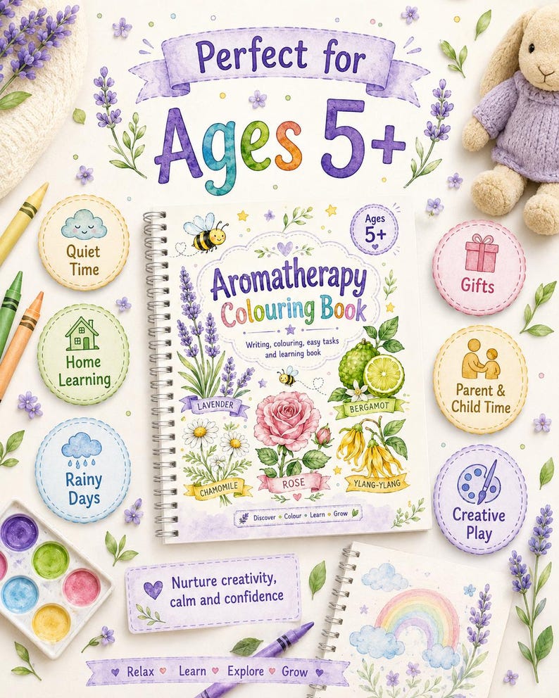 Puede incluir: Libro para colorear de aromaterapia para mayores de 5 a&ntilde;os con ilustraciones de flores y aceites esenciales. Incluye texto que dice "Quiet Time", "Home Learning", "Rainy Days", "Gifts", "Parent & Child Time" y "Creative Play".