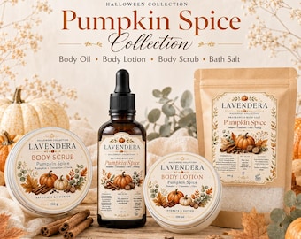 Set per la cura della pelle al gusto di zucca e spezie, composto da olio per il corpo, lozione, scrub, sali da bagno e box autunnale per la cura di sé.