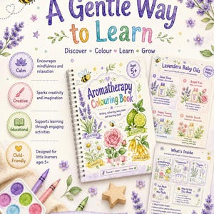 Puede incluir: Libro para colorear de aromaterapia con el texto "A Gentle Way to Learn". La portada presenta ilustraciones de lavanda, manzanilla, rosa e ylang-ylang. Incluye crayones, acuarelas y una estrella de madera. Para ni&ntilde;os de 5+ a&ntilde;os.