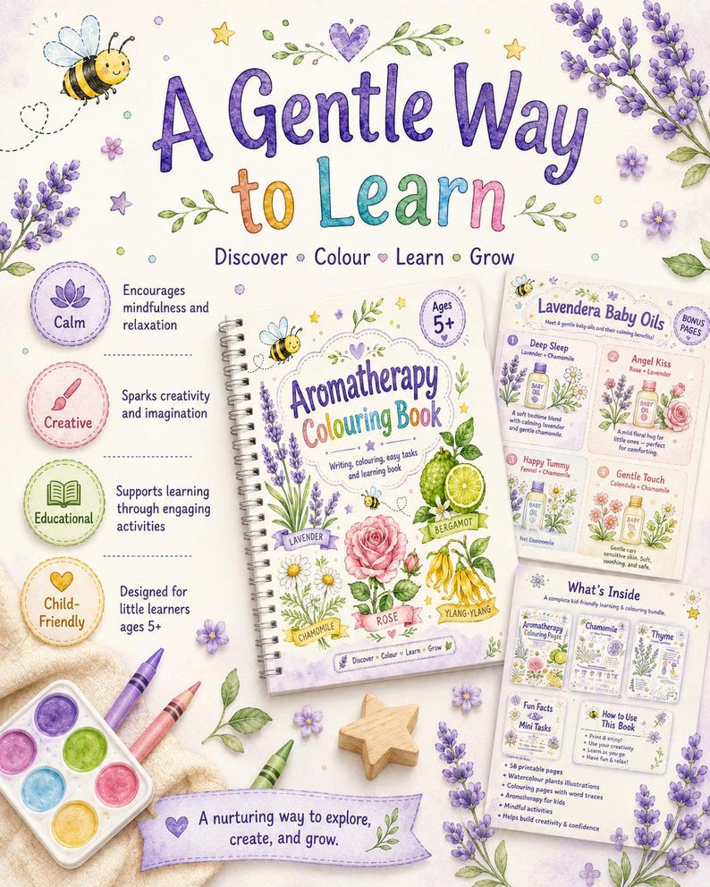 Puede incluir: Libro para colorear de aromaterapia con el texto "A Gentle Way to Learn". La portada presenta ilustraciones de lavanda, manzanilla, rosa e ylang-ylang. Incluye crayones, acuarelas y una estrella de madera. Para ni&ntilde;os de 5+ a&ntilde;os.