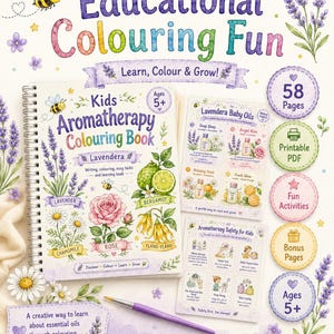 Puede incluir: Un libro para colorear "Kids Aromatherapy Colouring Book" con el texto "Educational Colouring Fun". El libro presenta ilustraciones de flores y aceites esenciales, con un pincel morado y el texto "Discover, Learn, Grow".