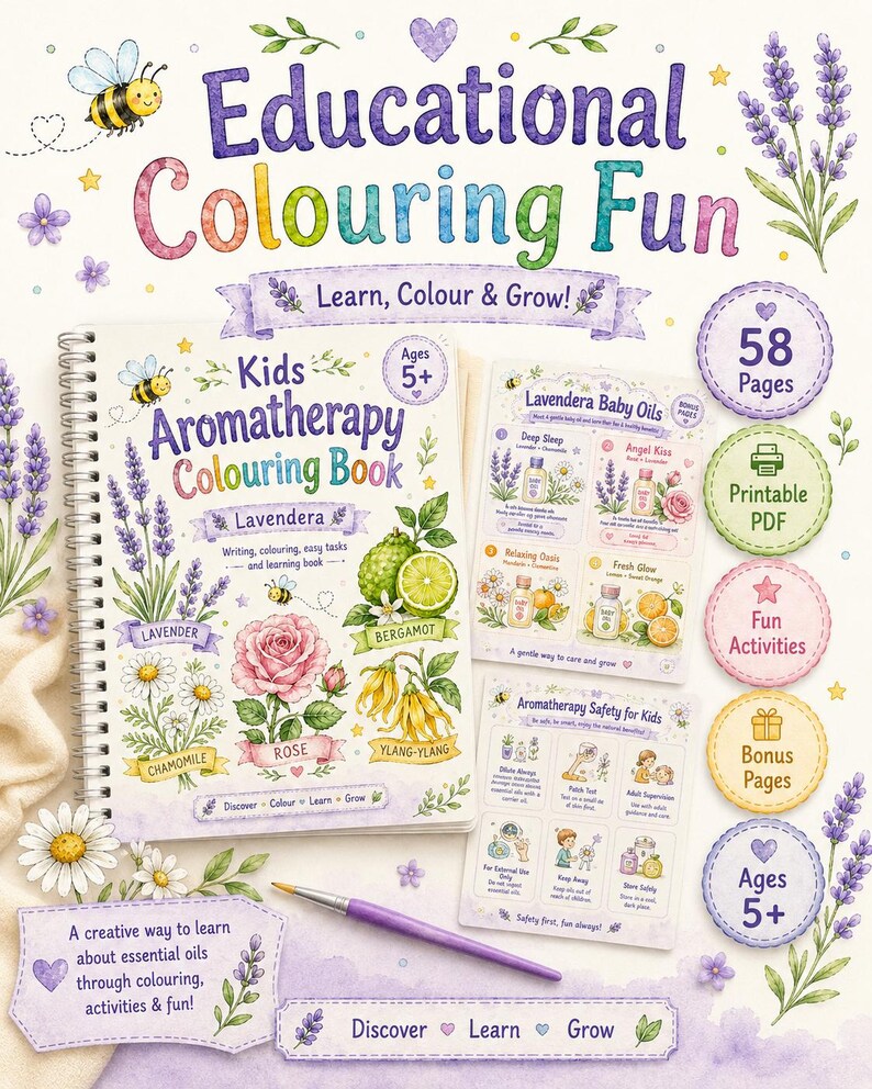 Puede incluir: Un libro para colorear "Kids Aromatherapy Colouring Book" con el texto "Educational Colouring Fun". El libro presenta ilustraciones de flores y aceites esenciales, con un pincel morado y el texto "Discover, Learn, Grow".