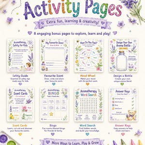 Puede incluir: P&aacute;ginas de actividades de aromaterapia con una ilustraci&oacute;n de abeja. Las p&aacute;ginas incluyen gu&iacute;as de seguridad, tarjetas de aromas, bingo, b&uacute;squeda de palabras y m&aacute;s. El texto dice "Bonus Activity Pages" y "Extra fun, learning & creativity!"