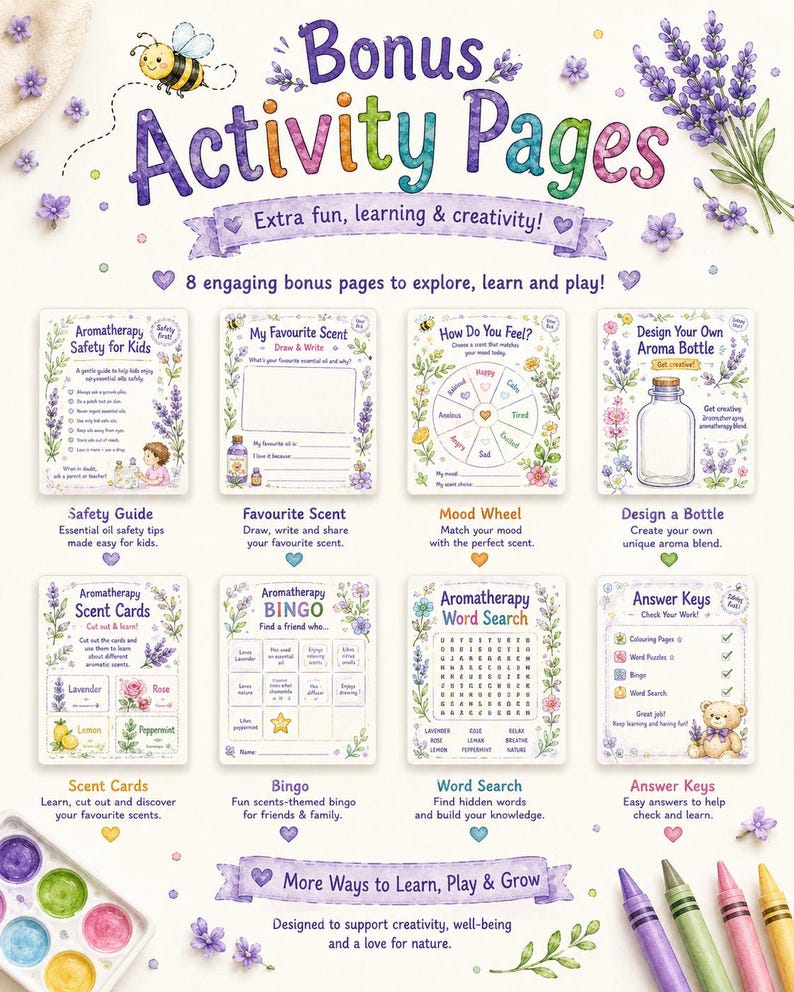 Puede incluir: P&aacute;ginas de actividades de aromaterapia con una ilustraci&oacute;n de abeja. Las p&aacute;ginas incluyen gu&iacute;as de seguridad, tarjetas de aromas, bingo, b&uacute;squeda de palabras y m&aacute;s. El texto dice "Bonus Activity Pages" y "Extra fun, learning & creativity!"