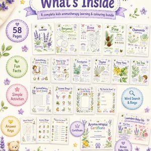 Puede incluir: Un completo paquete de aprendizaje y coloreado de aromaterapia para ni&ntilde;os, titulado "What's Inside". Incluye 58 p&aacute;ginas con datos divertidos, b&uacute;squedas de palabras y bingo de aromas. Tambi&eacute;n incluye un certificado y una p&aacute;gina de aceites para beb&eacute;s.