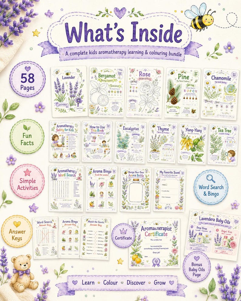 Puede incluir: Un completo paquete de aprendizaje y coloreado de aromaterapia para ni&ntilde;os, titulado "What's Inside". Incluye 58 p&aacute;ginas con datos divertidos, b&uacute;squedas de palabras y bingo de aromas. Tambi&eacute;n incluye un certificado y una p&aacute;gina de aceites para beb&eacute;s.