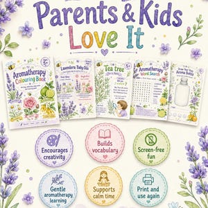 Puede incluir: Un colorido p&oacute;ster educativo con el texto "Why Parents & Kids Love It". Presenta ilustraciones de productos de aromaterapia, incluyendo un libro para colorear, aceites para beb&eacute;s y una sopa de letras. El p&oacute;ster destaca beneficios como fomentar la creatividad y la diversi&oacute;n sin pantallas.