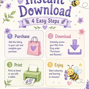 Puede incluir: Ilustraci&oacute;n en acuarela con el texto "Descarga instant&aacute;nea" y "4 pasos f&aacute;ciles". La imagen muestra una bolsa de compras rosa, una flecha de descarga, una impresora verde y una abeja con un cray&oacute;n. El texto dice "Imprime. Colorea. Aprende. Crece."