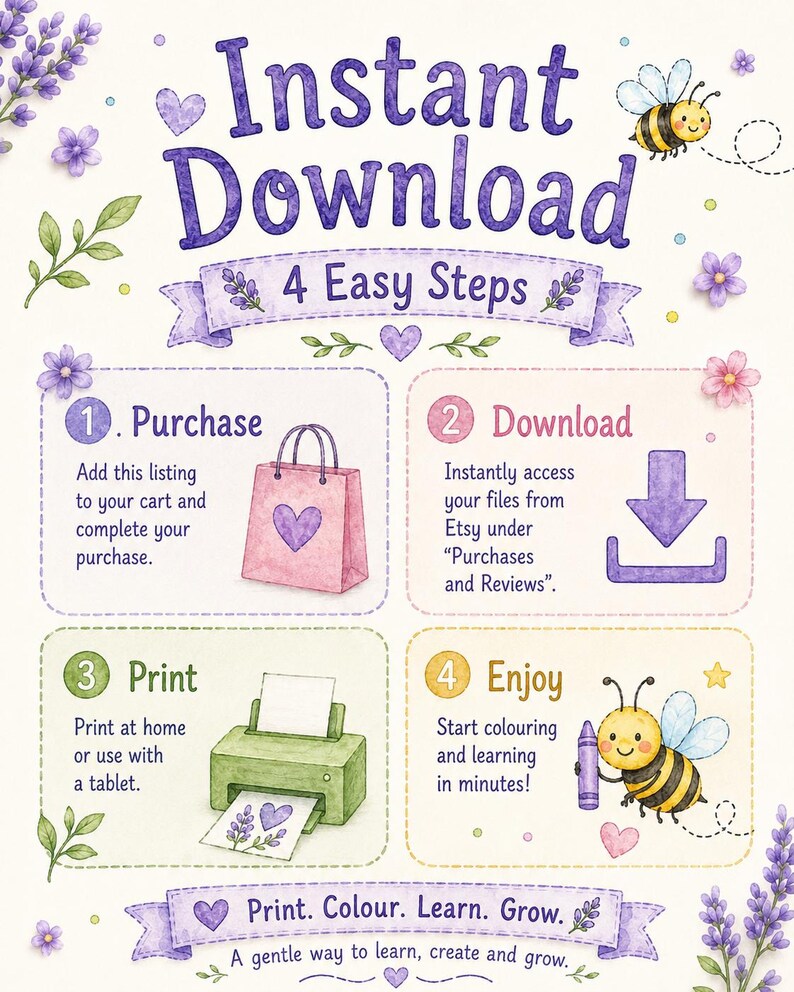 Puede incluir: Ilustraci&oacute;n en acuarela con el texto "Descarga instant&aacute;nea" y "4 pasos f&aacute;ciles". La imagen muestra una bolsa de compras rosa, una flecha de descarga, una impresora verde y una abeja con un cray&oacute;n. El texto dice "Imprime. Colorea. Aprende. Crece."
